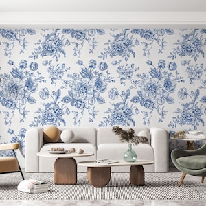 Skizze Blumen Blau und Weiß Pinie Cypress Floral Wallpaper Tapete Selbstklebend Schälen und aufkleben Wandbilder Wanddekoration Skandinavisch Abnehmbar