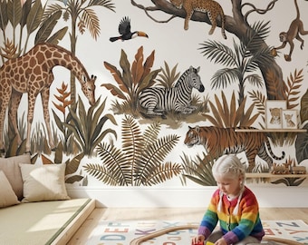 Junglebehang Safariscène muurschildering voor kinderkamer