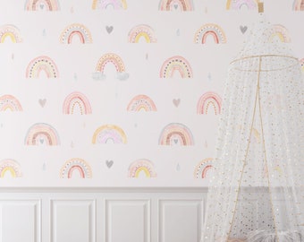 Watercolor Rainbow Rain Clouds Hearts Wallpaper Self Adhesive Peel & Stick Wall Decoration Minimalistic Scandinavian Removable