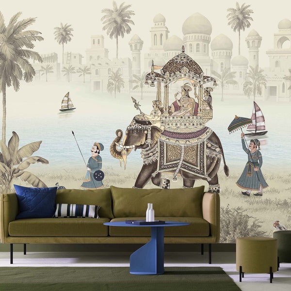 Indian Elephant Wallpaper Landscape Peel and Stick Vintage Wall Mural Palace Wall Art