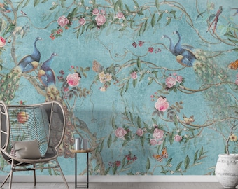 Flowers and Peacock on The Blue Background Floral Chinoiserie Wallpaper Self Adhesive Peel and Stick Wall Mural Wall Decoration Removable