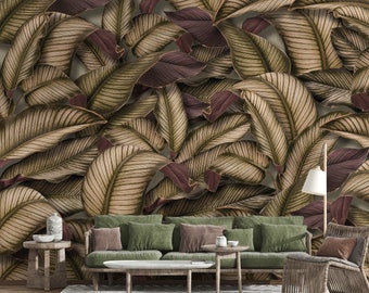 Green Leaves Wallpaper Exotic Peel and Stick Wall Mural Tropical Wall Art