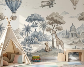 Hot Air Balloon Wallpaper For Kids Vintage Safari Sky Scene