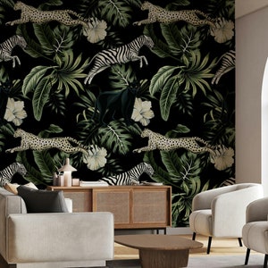 Safari Notte Foglie Tropicali Pantera Nera Zebra Ghepardo Fauna Selvatica Animale Carta da Parati Autoadesiva Peel and Stick Murale Decorazione da Parete