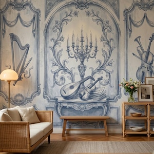 May include: A room with a blue and white mural featuring musical instruments and ornate designs. A harp, flute, violin, and mandolin are depicted. A wooden bench and wicker sofa are in front of the mural. A floor lamp and a wooden shelf with decor complete the scene.