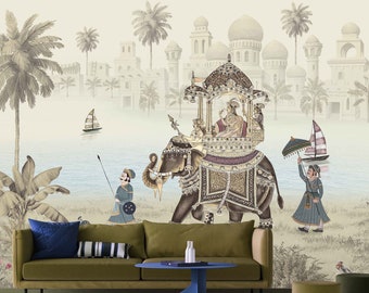Indian Elephant Wallpaper Landscape Peel and Stick Vintage Wall Mural Palace Wall Art