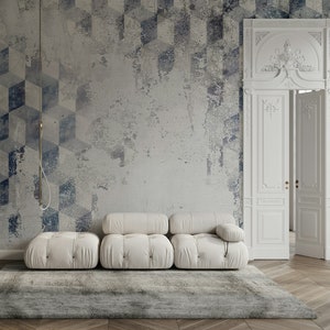 Geometric Square Shapes Abstract Blue Gray Modern Wallpaper Self Adhesive Peel and Stick Wall Mural All Sizes Removable
