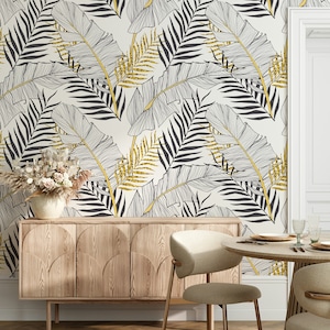Carta da parati autoadesiva con foglie tropicali esotiche, aspetto nero, bianco e oro, decorazione murale scandinava rimovibile