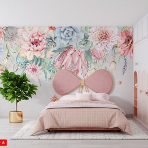 Acquerello Aloe Vera Cactus Rose Peonia Fiori Sorprendentemente Bella Carta da parati Autoadesiva Peel and Stick Wall Mural Wall Decoration