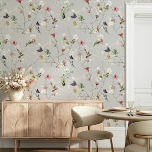 Colorful Leaves and Flowers Butterflies On The Gray Background Chinoiserie Wallpaper Self Adhesive Peel and Stick Wall Decoration Removable