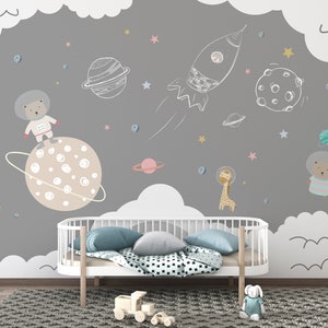 Hand Draw Astronaut Bear Spacecraft Solar System and Other Planets Stars Wallpaper Self Adhesive Peel and Stick Wall Mural Wall Decoration