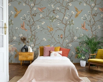 Gray Chinoiserie Wallpaper: Birds and Tree, Peel and Stick