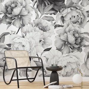 Carta da parati monocromatica con peonia, stacca e attacca, elegante murale floreale in bianco e nero