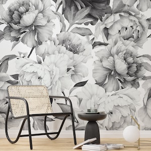 Monochrome Peony Peel and Stick Wallpaper Stylish Black & White Floral Wall Mural