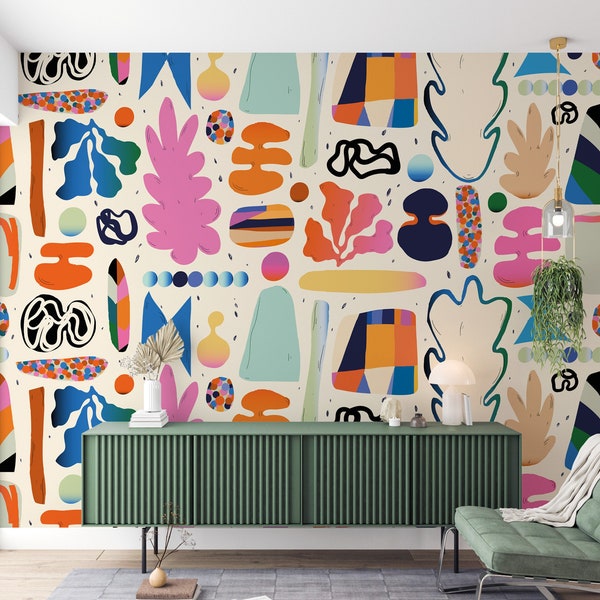 Doodle Shapes Wallpaper Abstract Muurschildering Beige Achtergrond Peel and Stick Kleurrijke Muurkunst