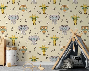 Mignons Animaux Africains Girafe Éléphant Tigre Animal Papier Peint Auto Adhésif Peel et Stick Mural Mural Décoration Murale Amovible