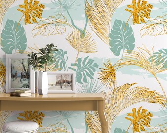 Tropical Banana Palm Leaves Light Blue and Orange Floral Modern Wallpaper Self Adhesive Peel & Stick Wall Murals Wall Decoration Removable