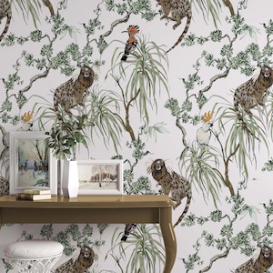 Pappagalli e scimmie in piante esotiche Fiori Animali floreali Carta da parati autoadesiva Peel and Stick Wall Mural Wall Decoration rimovibile