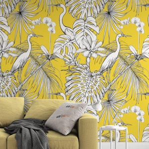 Stork illustration Art with Yellow Background Wallpaper Self Adhesive Peel and Stick Wall Murals Wall Decoration Scandinavian Removable