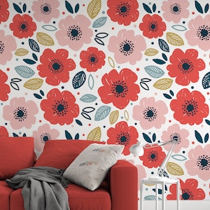 Carta da parati anemone con fiori rossi e rosa / murale con foglie colorate staccabili e incollabili / decorazione floreale autoadesiva