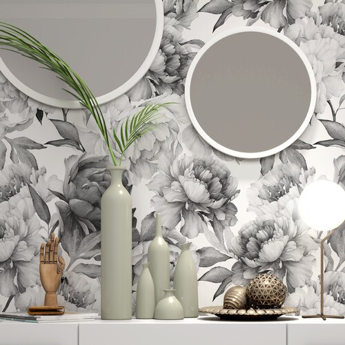 Peony Wall Mural Black and White Wall Murals Peel and Stick Etsy