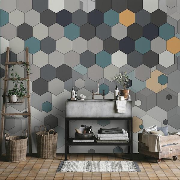 Colorful Hexagon Geometric Shapes Gray Background Wallpaper Self Adhesive Peel and Stick Wall Mural Wall Decoration Removable