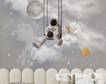 Astronaut Sitting on a Swing Space Moon Stars Wallpaper Self Adhesive Peel and Stick Wall Decoration Minimalistic Scandinavian Removable