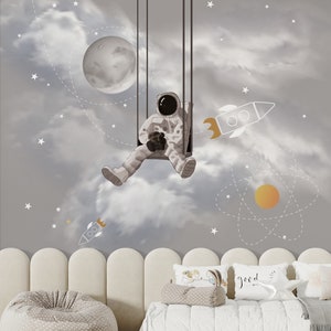 Astronaut Sitting on a Swing Space Moon Stars Wallpaper Self Adhesive Peel and Stick Wall Decoration Minimalistic Scandinavian Removable