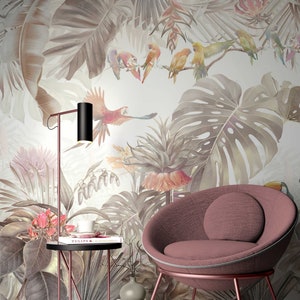 熱帯ジャングルの鳥の壁紙：剥がして貼れる、取り外し可能な壁画