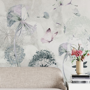 Butterflies and Abstract Dandelion Flowers Luxury Floral Wallpaper Self Adhesive Peel & Stick Wall Mural Wall Decoration Design Removable