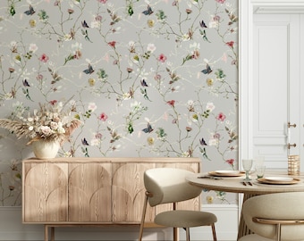 Colorful Leaves and Flowers Butterflies On The Gray Background Chinoiserie Wallpaper Self Adhesive Peel and Stick Wall Decoration Removable