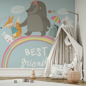 Happy Animals Wallpaper Speelkamer Peel and Stick Kinderkamer Muurschildering Regenboog Verwisselbaar behang