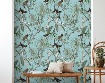 Monkeys and Parrots in Exotic Plants Flowers Floral Animal Wallpaper Self Adhesive Peel and Stick Wall Murals Wall Decoration Removable