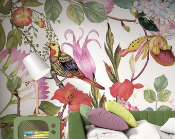 Watercolor Spring Garden Flowers Birds Background Floral Wallpaper Self Adhesive Peel and Stick Wall Murals Wall Decoration Removable