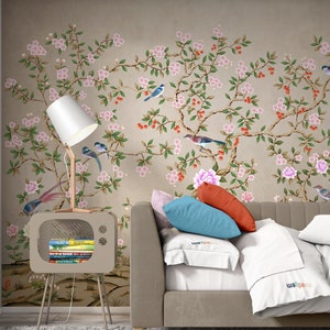 Blue Birds Purple and Pink Garden Flowers Floral Luxury Chinoiserie Wallpaper Self Adhesive Peel and Stick Decorazione murale rimovibile