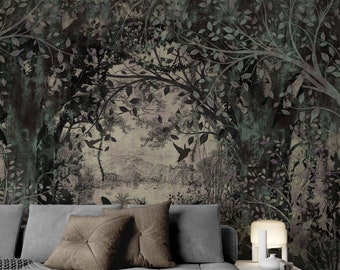Landscape in Classic Old Style Vintage Forest Wallpaper Self Adhesive Peel and Stick Wall Murals Wall Decoration Scandinavian Removable