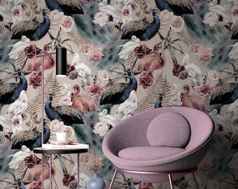 Floral Pattern with Birds Modern Design Animal Wallpaper Self Adhesive Peel and Stick Wall Mural Wall Decoration Removable