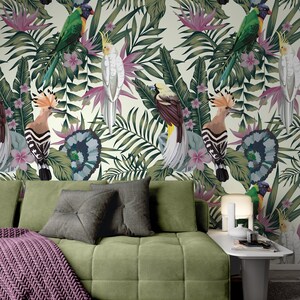 Tropical Rainforest Birds Parrot Hoopoe Exotic Jungle Flowers Plants Wallpaper Self Adhesive Peel and Stick Wall Murals Wall Decoration