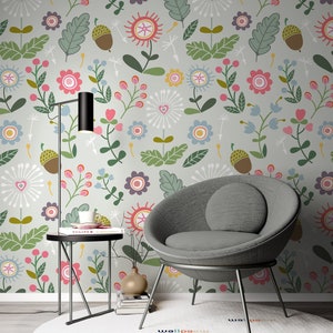 Noisette Fleurs colorées Feuilles d’eau vert sur le fond Papier peint Autocollant Peel et Stick Wall Mural Décoration murale amovible