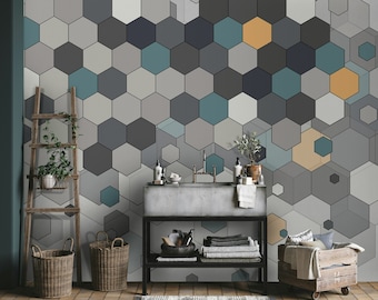 Geometric Hexagon Wallpaper: Gray, Colorful, Peel and Stick