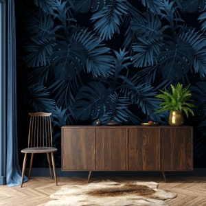Foglie tropicali esotiche Piante hawaiane Carta da parati floreale sfondo scuro Carta da parati autoadesiva staccabile e incollabile Decorazione murale rimovibile