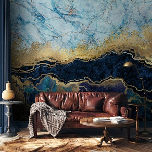 Diseño abstracto de mármol aspecto dorado amarillo azul oscuro papel pintado autoadhesivo Peel and Stick murales de pared decoración de pared extraíble