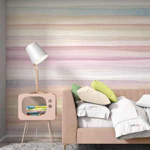 Carta da parati a strisce acquerello Stacca e incolla Carta da parati rosa pastello Orizzonte Arte da parete minimalista