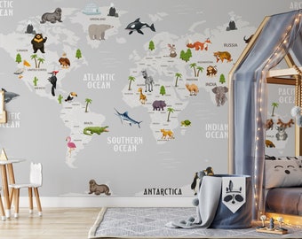 Carte du monde sur l’océan gris Papier peint autocollant Peel and Stick Wall Murals Décoration murale Minimaliste Scandinave Amovible