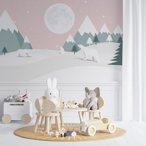 Orsi polari su uno sfondo di montagne Luna nel cielo rosa Carta da parati autoadesiva Peel & Stick Murales Murales Decorazione murale rimovibile