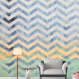 Bleu Jaune Vert Ondulé Lignes Géométriques Papier peint Mur Moderne Décor Amovible