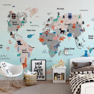 Papel pintado de guardería Mapa del mundo Peel and Stick Mural de pared de jardín de infantes Decoración de pared de habitación para niños extraíble