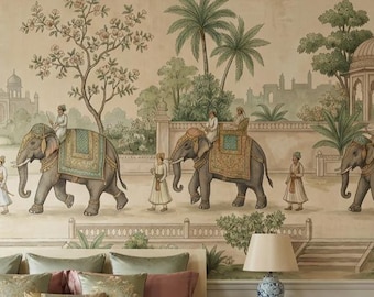 Elefantenparade als Tapete für Wohnzimmer mit architektonischem Charme