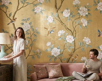 Bird and Bloom Wallpaper Mural For Living Room With Golden Look Background