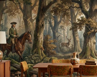 Woodland Scene Wallpaper Mural For Living Room With Vintage Riders